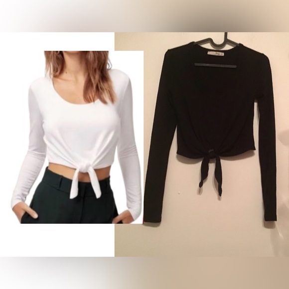 Aritzia Wilfred Free Front Tie Long Sleeve Crop Top Black - Picture 1 of 5